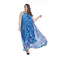 SWEET CURVE Women\'s Plus Size Boho Chiffon Swing Dress, Print Round Neck Maxi Sleeveless Blue Polyester Spring Summer Mid Rise Micro-elastic Medium