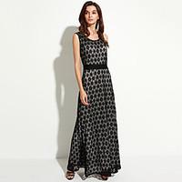 SWEET CURVE Women\'s Lace Beach Trumpet/Mermaid Dress, Polka Dot Round Neck Maxi Sleeveless Black Spandex Spring