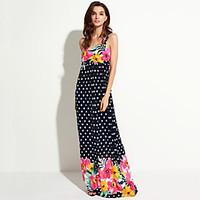 SWEET CURVE Women\'s Boho/Backless Beach / Plus Size Boho Swing Dress, Print Strap Maxi Sleeveless Black Polyester Summer