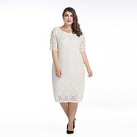 SWEET CURVE Women\'s Lace Party Street chic Lace Dress, Solid Round Neck Knee-length ½ Length Sleeve Red Beige Polyester Spring Mid Rise