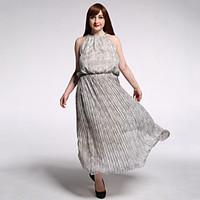 SWEET CURVE Women\'s Casual/Daily / Plus Size Vintage Swing Dress, Print Round Neck Maxi Sleeveless Gray Polyester Summer