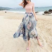 swing floral skirts beach holiday boho mid rise maxi elasticity polyes ...