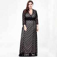 SWEET CURVE Women\'s Plus Size Vintage Lace Dress, Solid Deep V Maxi Long Sleeve Polyester Summer Fall High Rise Micro-elastic Medium