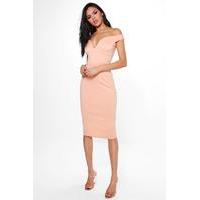 sweatheart off shoulder bodycon dress apricot