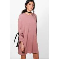 Sweat Dress With Eyelet Tie Sleeve Detail - rose