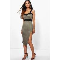 Sweetheart Contrast Midi Dress - khaki