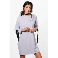 sweat dress with eyelet tie sleeve detail grey