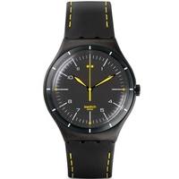 Swatch Mens Black Bliss Leather Strap Watch YWB100