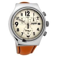 Swatch Mens Leblon Chronograph Leather Strap Cream Dial Watch YVS408