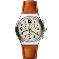 Swatch Mens Leblon Chronograph Leather Strap Cream Dial Watch YVS408