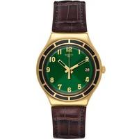 swatch mens dollarone gold plated brown leather strap watch ygg406