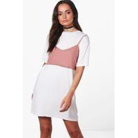 T-Shirt Dress With Ribbed Bralet - white