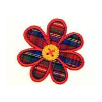 Tartan Flower Embroidered Iron On Motif Applique 50mm Red/Navy