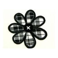 Tartan Flower Embroidered Iron On Motif Applique 50mm Black/White