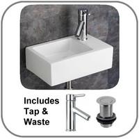 Taranto 23.5cm by 37cm Right Hand Wall Hung Small Cloakroom Basin Set Inc Tap and Plug