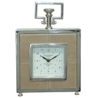 Tan Leather and Nickel Square Table Clock