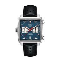 TAG Heuer Monaco Automatic Chronograph men\'s blue dial black leather strap watch