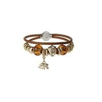 Tan & Gold Beaded Elephant Charm Double Layered Bracelet