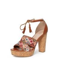 Tan Standard Fit Embroidered Platform Heeled Sandals, Dark Multi