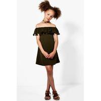 tassle trim off shoulder dress khaki