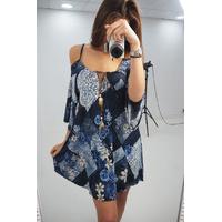 tamra denim floral printed flared sleeve dress