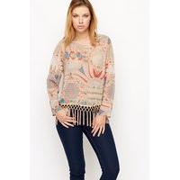 Tasselled Ethnic Print Chiffon Blouse