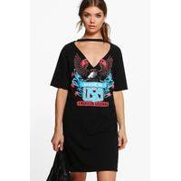 Taina Printed Choker Neck T-Shirt Dress - black