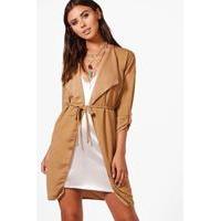 Tammy Waterfall Ruched Back Belted Duster - camel