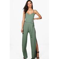 Tamra Split Wide Leg Jumpsuit - khaki