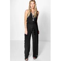 tassel trim wide leg chiffon jumpsuit black