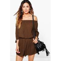 Tassel SleOff The Shoulder Woven Playsuit - khaki