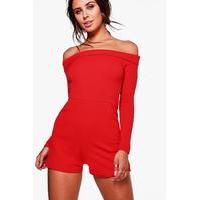 Tanya Long Sleeve Off The Shoulder Playsuit - red