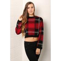 Tartan Print Cropped Knitted Jumper