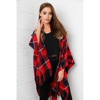 Tartan Print Cape with Fur in Red