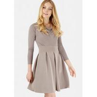 Taupe Cowl Neck Pleated Long Sleeve Dress