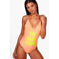 Tan Game Slogan High Leg Swimsuit - coral