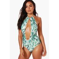 Tasha Leaf Print Plunge Halterneck Swimsuit - multi