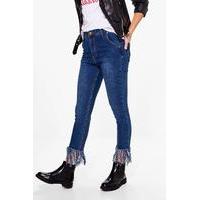 Tassel Hem Ankle Grazer Skinny Jeans - indigo