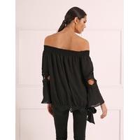TAMSIN - Black Off-shoulder Top with Frilled Lace Hem and Cut-outs
