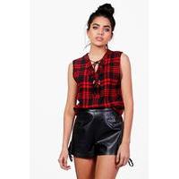 Tartan Top With Lace Up Detail - black