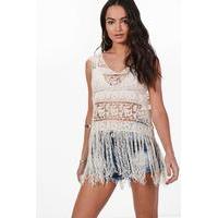 Tassel Hem Crochet Vest - cream