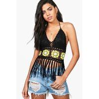 Tassel Trim Macrame Crochet Bralet - black