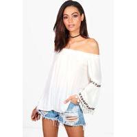 tassel off shoulder woven top cream