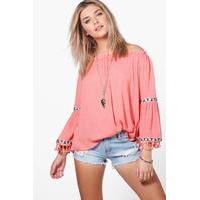 Tassel Off Shoulder Woven Top - coral