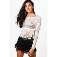 Tassle Hem Cropped Lace Top - ivory