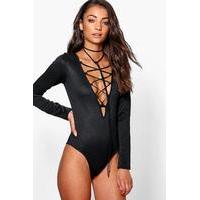 Talie Scuba Lace Up Plunge Body With Choker - black