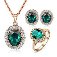 TC Women\'s Elegant Cz Diamond Jewelry 18K Rose Gold Pated Emerald Green Crystal Pendants Necklaces Earrings Ring Sets