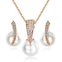 TC Women\'s Concise Imitation Pearl Jewelry Sets 18K Rose Gold Plated with Crystal Pendant Necklace Earrings Set