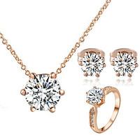 TC Women\'s Classic 18K Rose Gold Plated with 6 Prongs Simulated Diamond Stone Pendant Necklace Earrings Ring Set