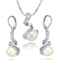 TC Women\'s Noble White Pearl Jewelry Sets 18K White Gold Plated Austria Crystal Waterdrop Pendant Necklace Earrings Set